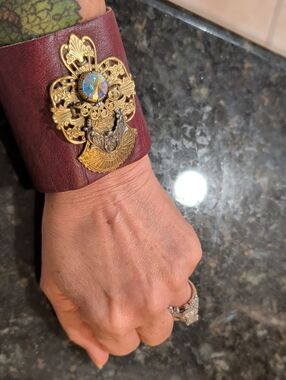 Women's Angel of Love Burgundy Leather Cuff Bracelet with Gold Accent